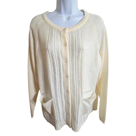 Nationals Large Ivory Eyelet Button Up Cardigan Sweater Grandmacore Cottage - Picture 2 of 7
